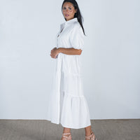 Etta Cotton Puff Sleeve Tiered Midi Dress White