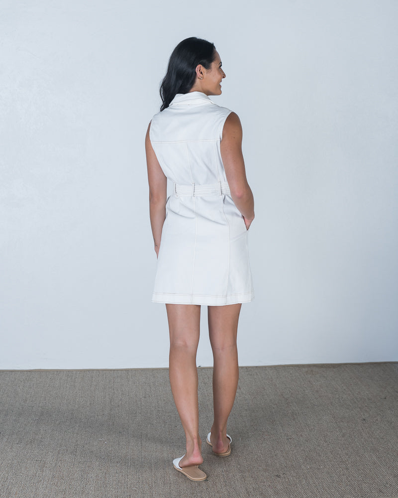 Saylor Contrast Stitch Utility Mini Dress in White