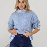 Tilly Contrast Blanket Stitch Knit Blue