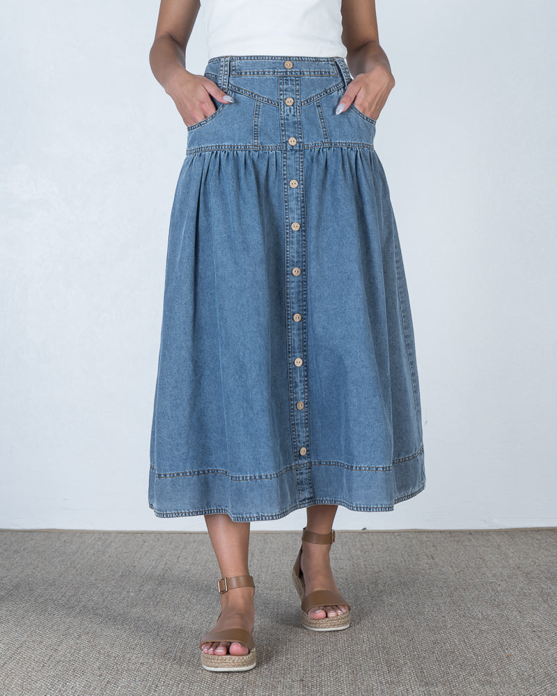 Bentleigh Denim Maxi Skirt Mid Wash