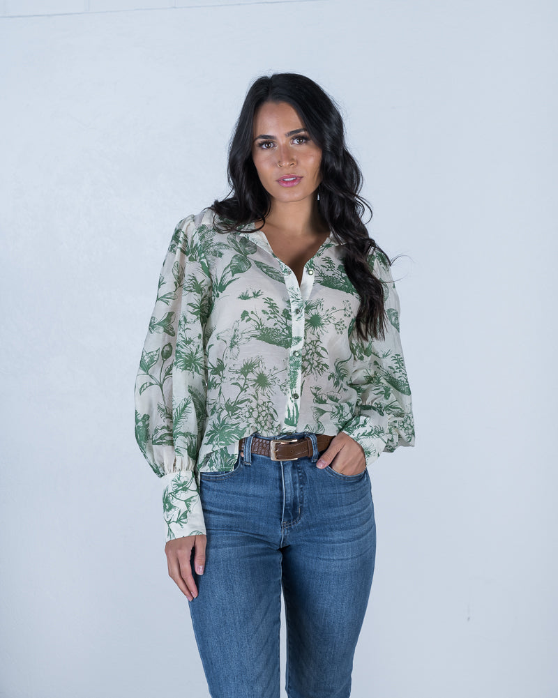 Beth Floral Print Shirt Green/Beige