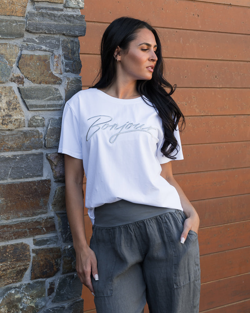 Bonjour Embroidered Tee White