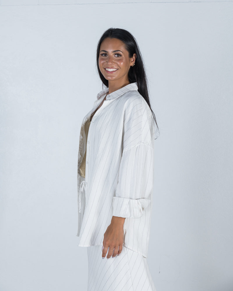 Candice Pin Striped Cotton/Linen Blend Shirt in White available at Mojo