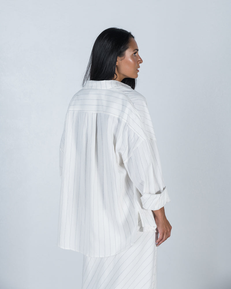 Candice Pin Striped Cotton/Linen Blend Shirt in White available at Mojo