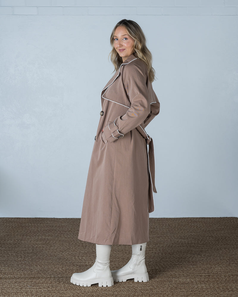 Contrast Piping Trench Coat Mocha