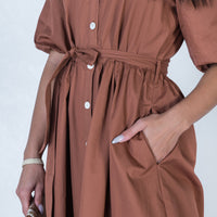 Courtney Puff Sleeve Cotton Midi Dress in Rust