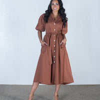 Courtney Puff Sleeve Cotton Midi Dress in Rust