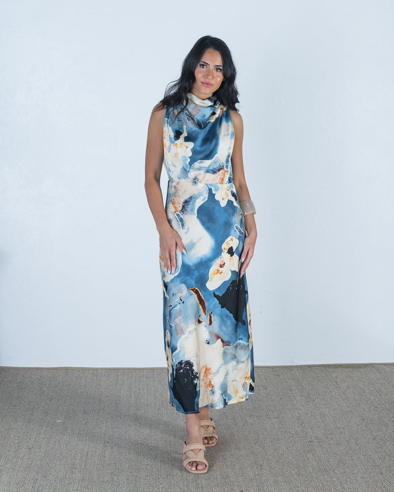 Formal event ready Embeth Satin Cowl Neck Maxi Dress in dreamy print
