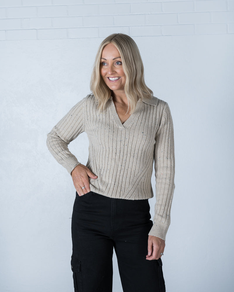 Emily Knitted Polo Top Sand