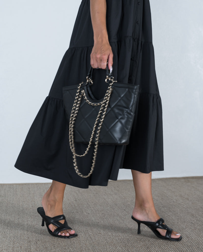 Etta Cotton Puff Sleeve Tiered Midi Dress Black