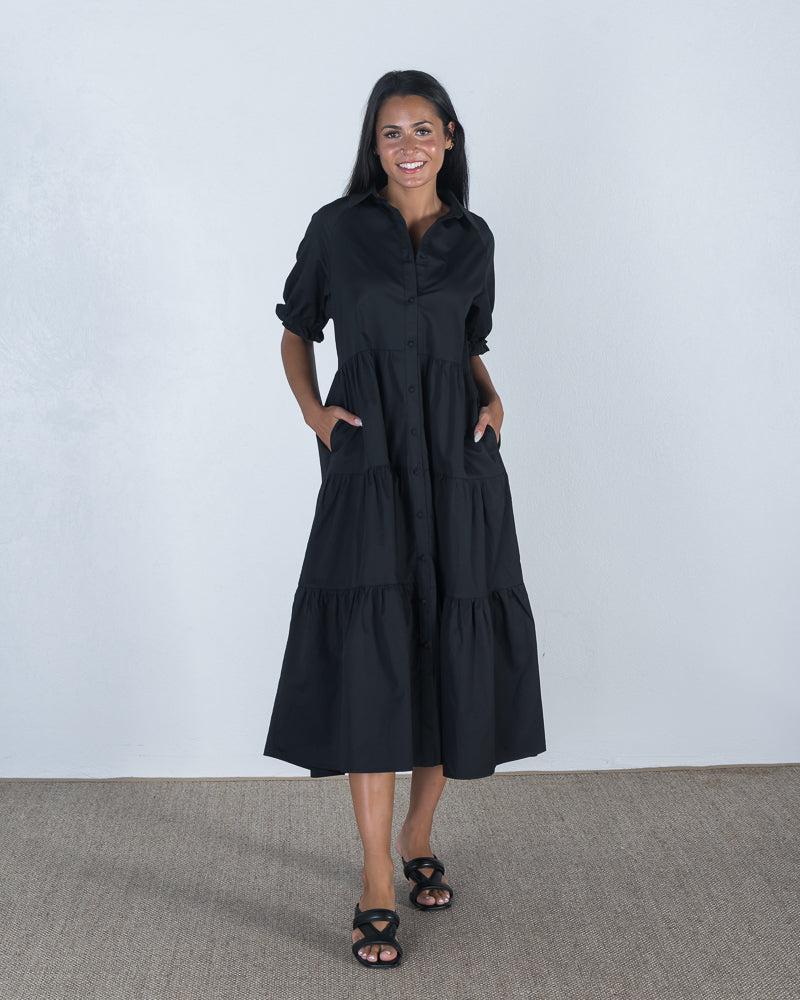 Etta Cotton Puff Sleeve Tiered Midi Dress Black