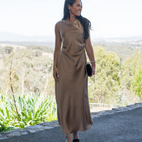 Faith Satin Midi Dress Walnut