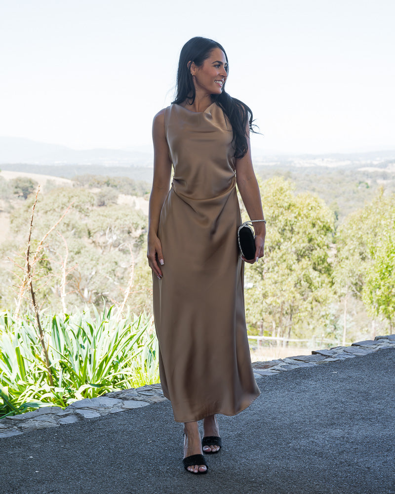 Faith Satin Midi Dress Walnut