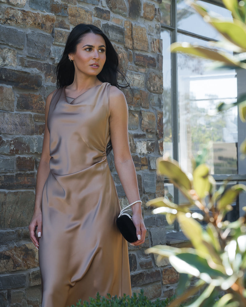 Faith Satin Midi Dress Walnut