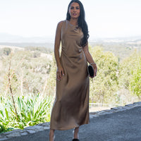 Faith Satin Midi Dress Walnut