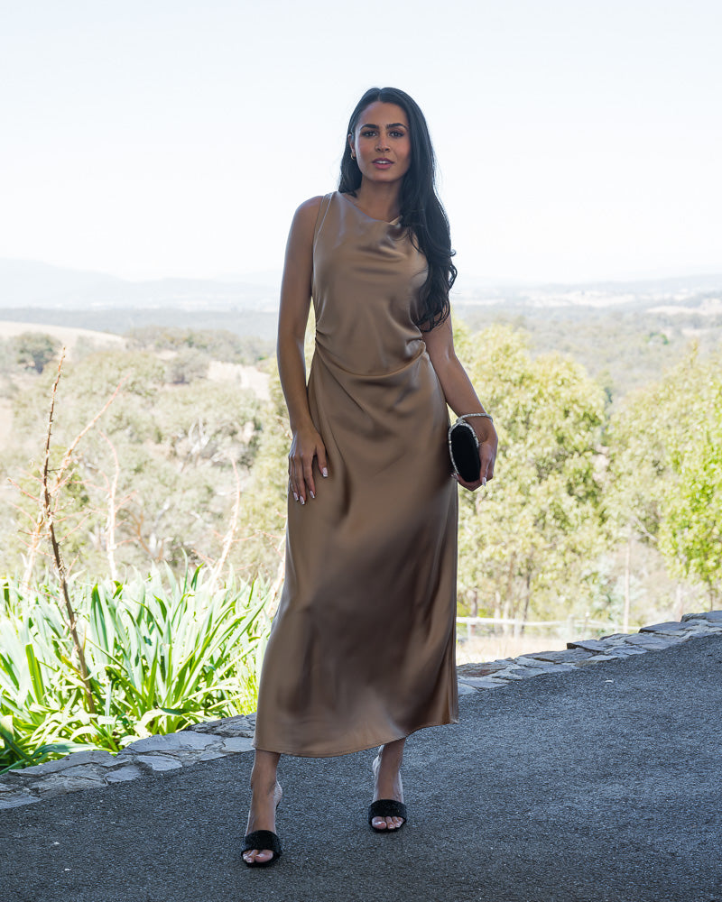 Faith Satin Midi Dress Walnut