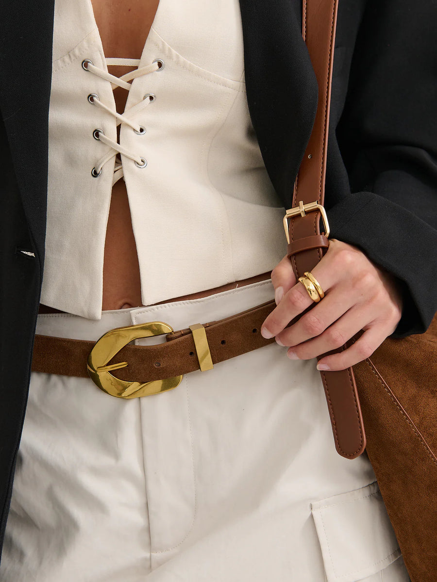 Genuine Suede Chain Buckle Belt Tan Suede