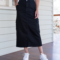Jessie Cargo Denim Midi Skirt Black