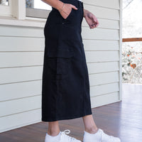 Jessie Cargo Denim Midi Skirt Black