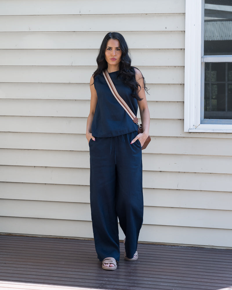 Lou Linen Drawstring Pant Navy