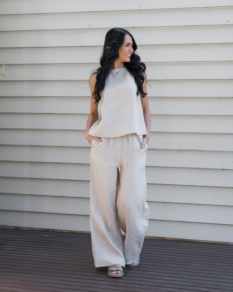 Lou Linen Drawstring Pant Stone