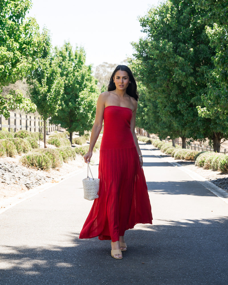 Kiara Strapless Midi Dress Cherry Red