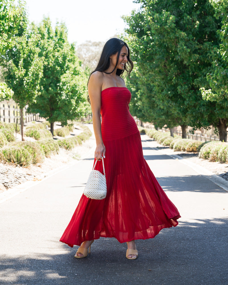 Kiara Strapless Midi Dress Cherry Red