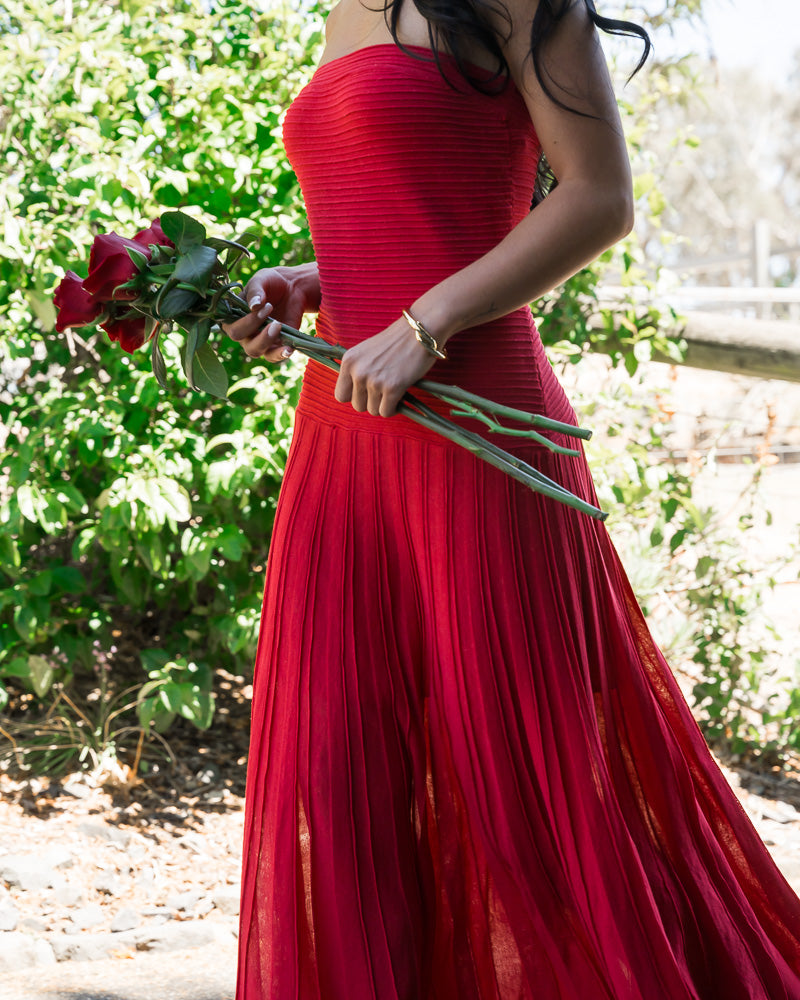 Kiara Strapless Midi Dress Cherry Red