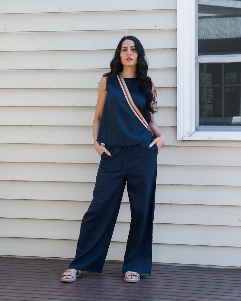 Lou Linen Drawstring Pant Navy