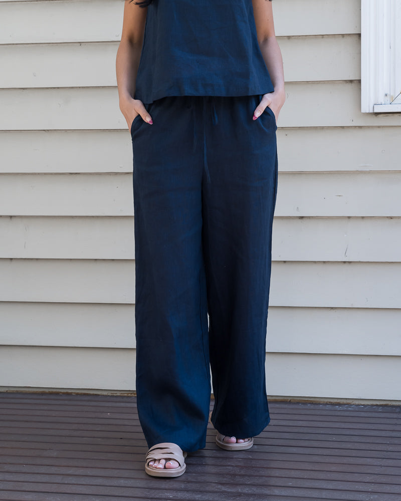 Lou Linen Drawstring Pant Navy