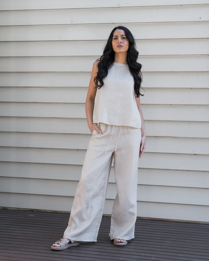 Lou Linen Drawstring Pant Stone