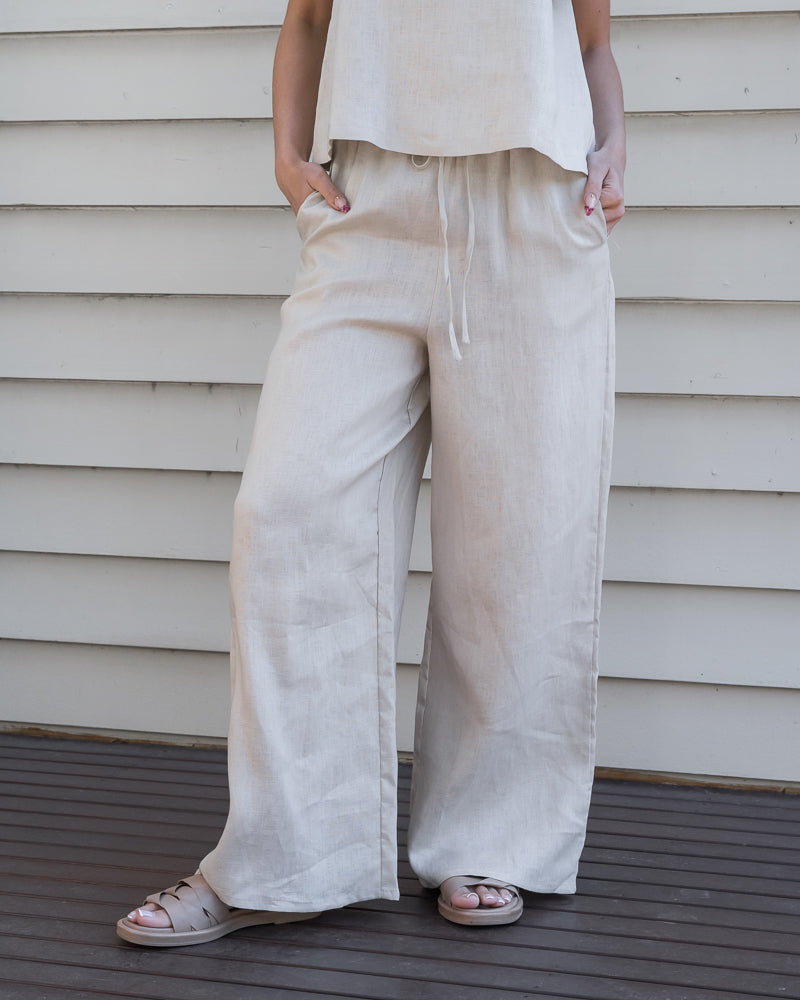 Lou Linen Drawstring Pant Stone