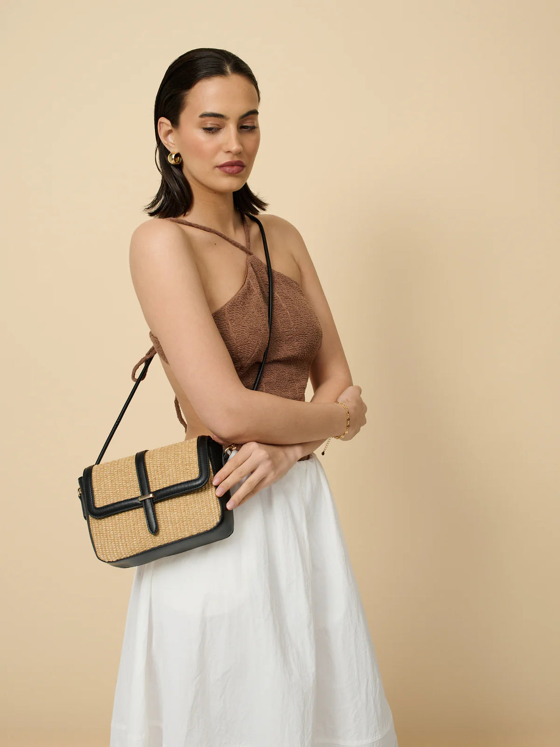 Manila Straw Crossbody Bag Beige/Black