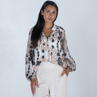 Olive Floral Sheer Printed Lined Shirt in Multi Neutral