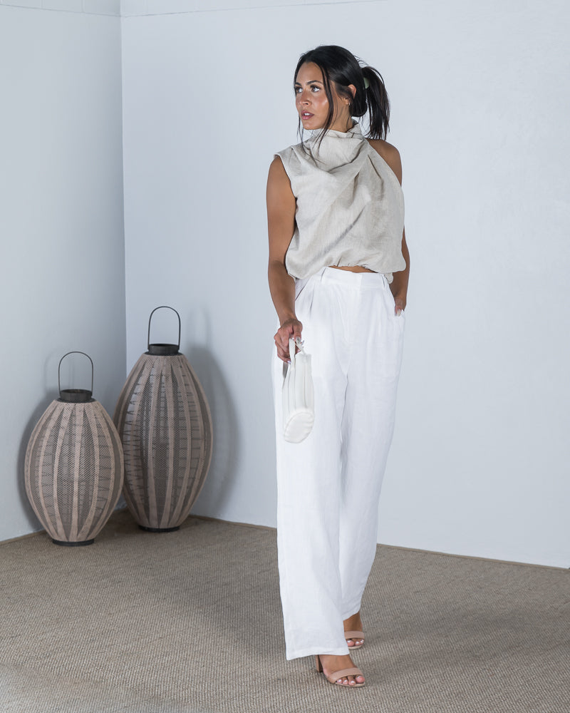 Olivia One Shoulder High/Cowl Neck Top in Oatmeal