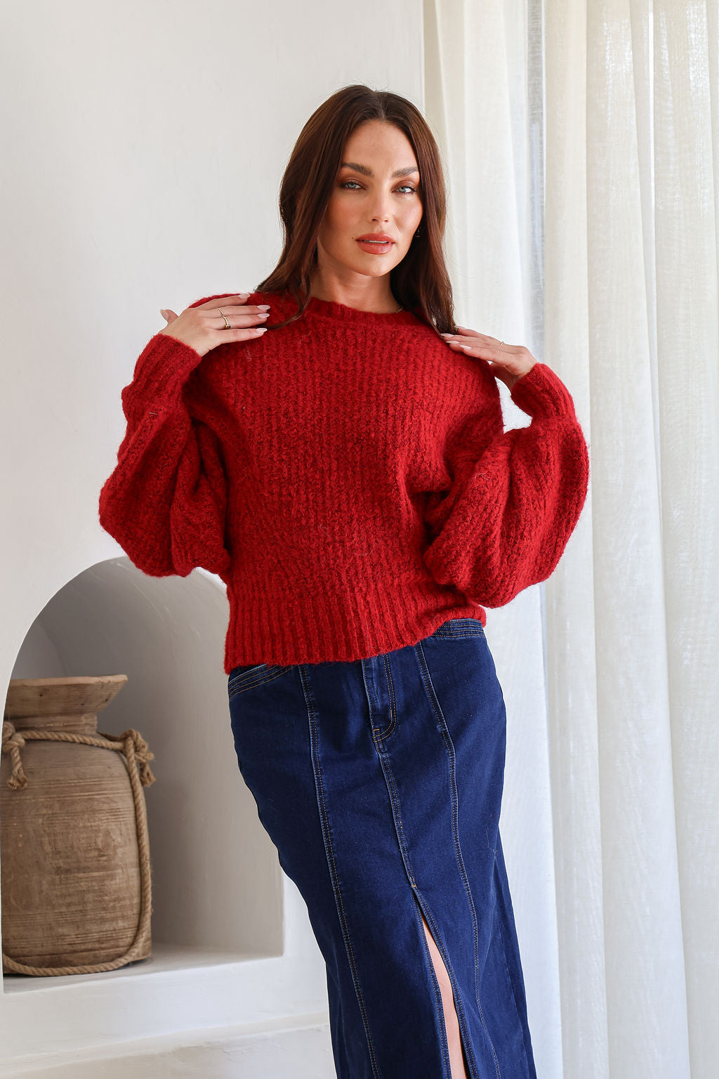 Opera Fluffy Balloon Sleeve Knit Red