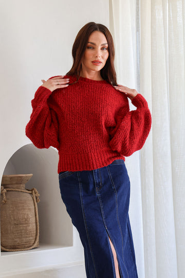 Opera Fluffy Balloon Sleeve Knit Red