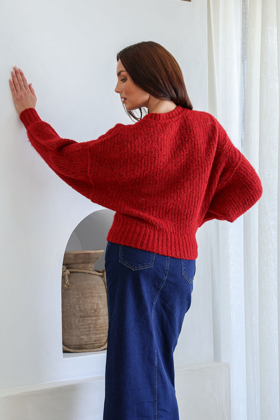 Opera Fluffy Balloon Sleeve Knit Red