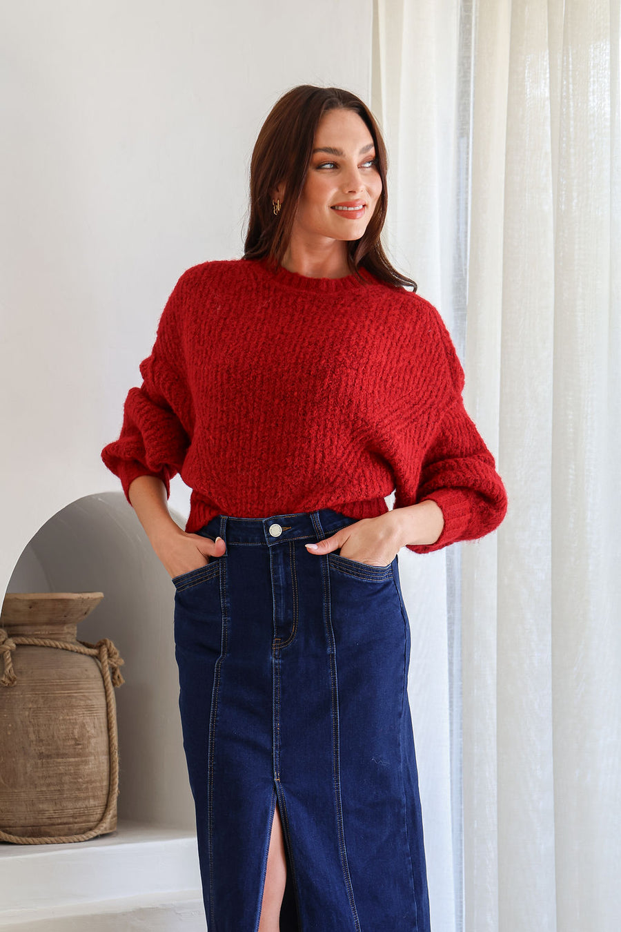 Opera Fluffy Balloon Sleeve Knit Red