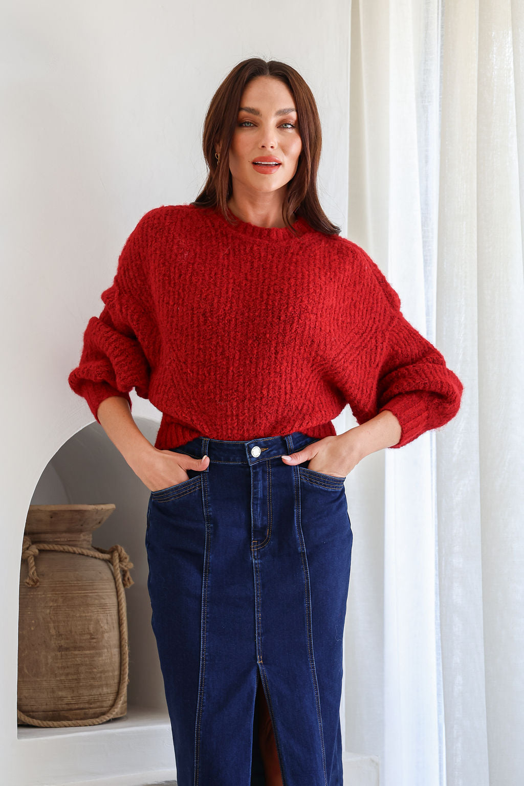 Opera Fluffy Balloon Sleeve Knit Red