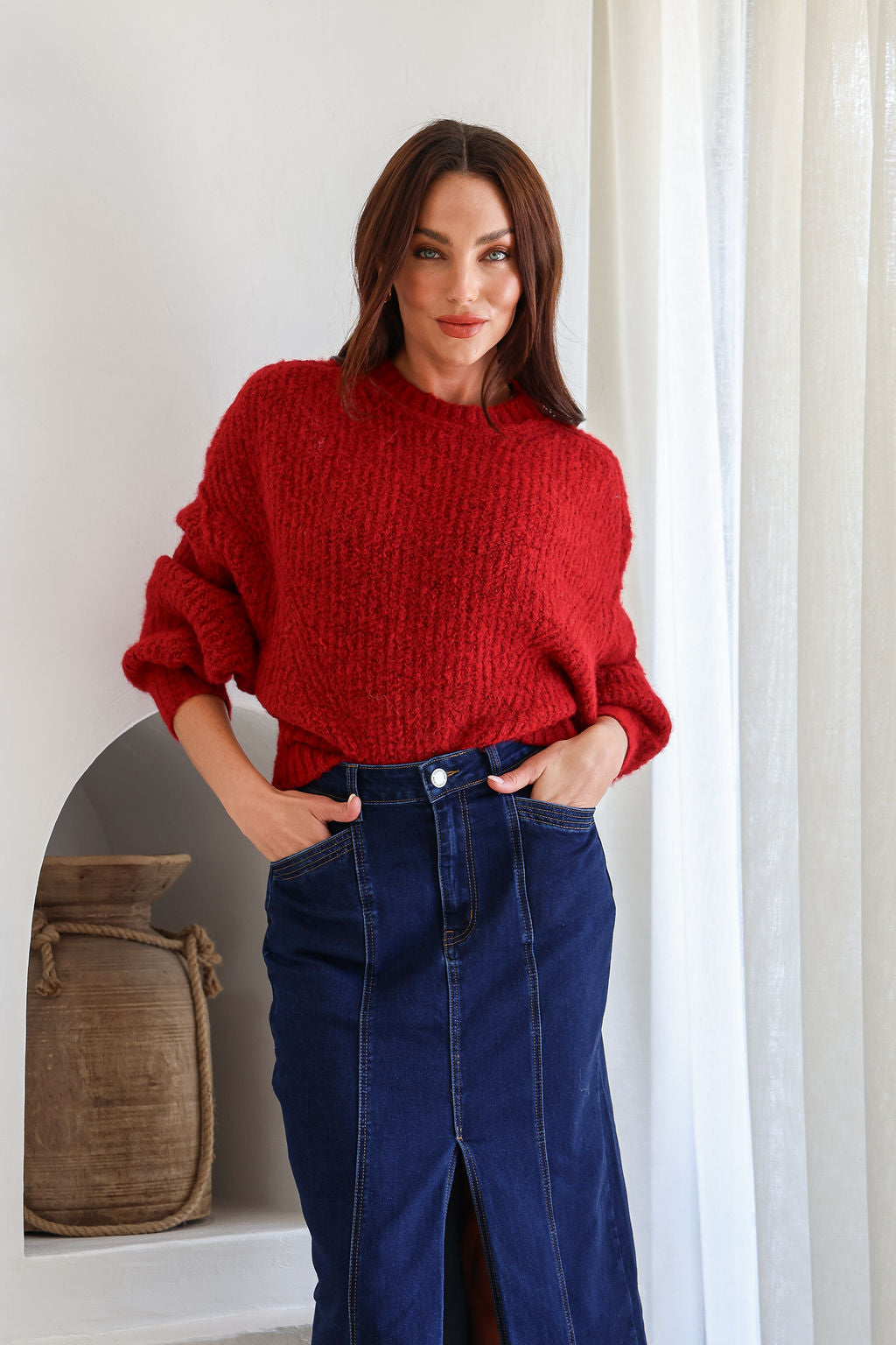 Opera Fluffy Balloon Sleeve Knit Red