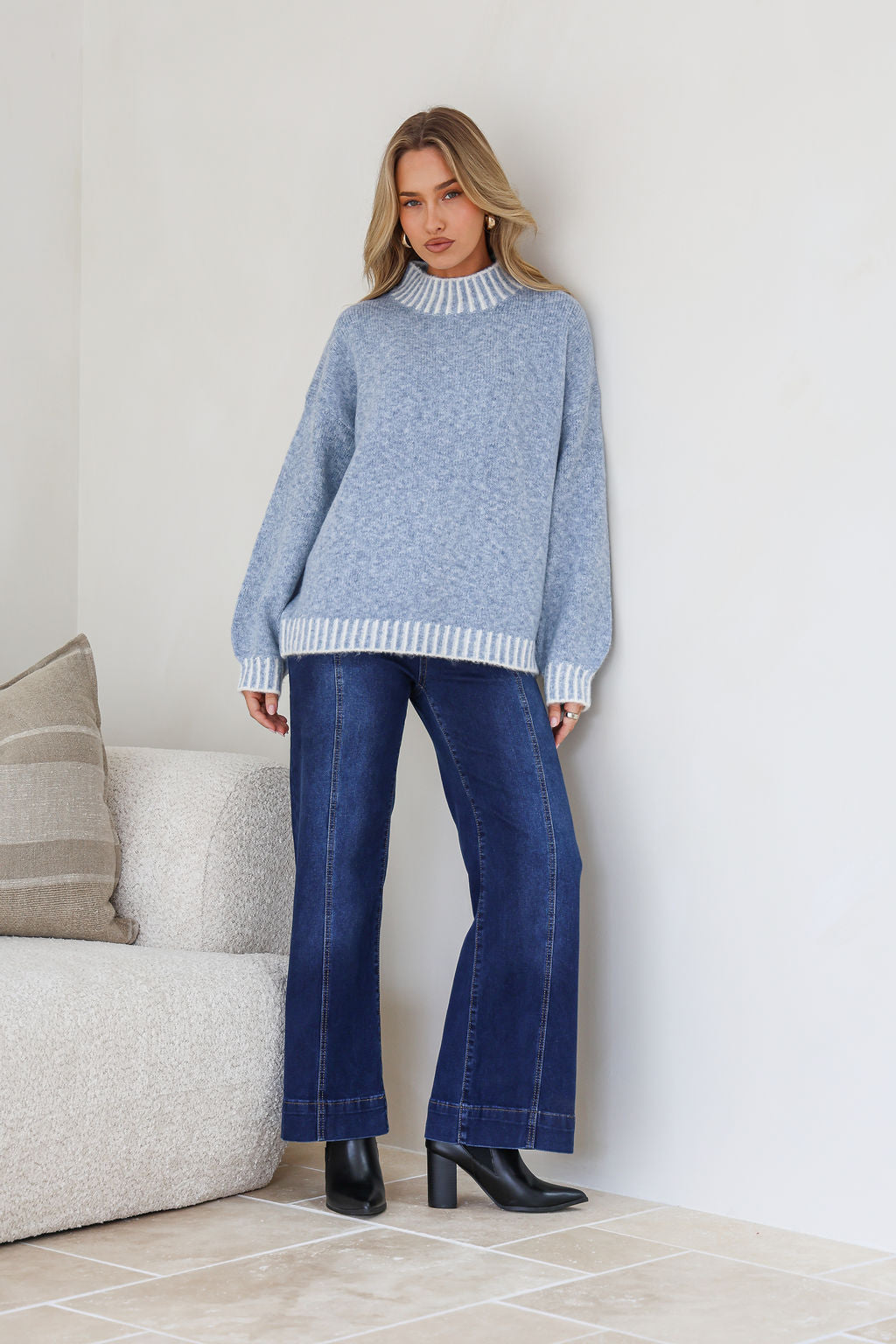 Tilly Contrast Blanket Stitch Knit Blue