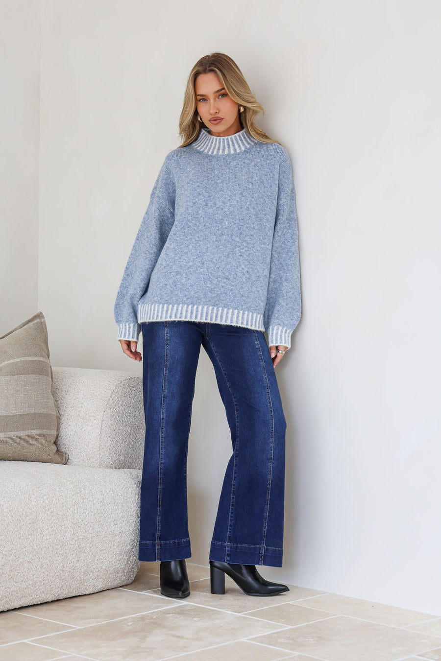 Tilly Contrast Blanket Stitch Knit Blue