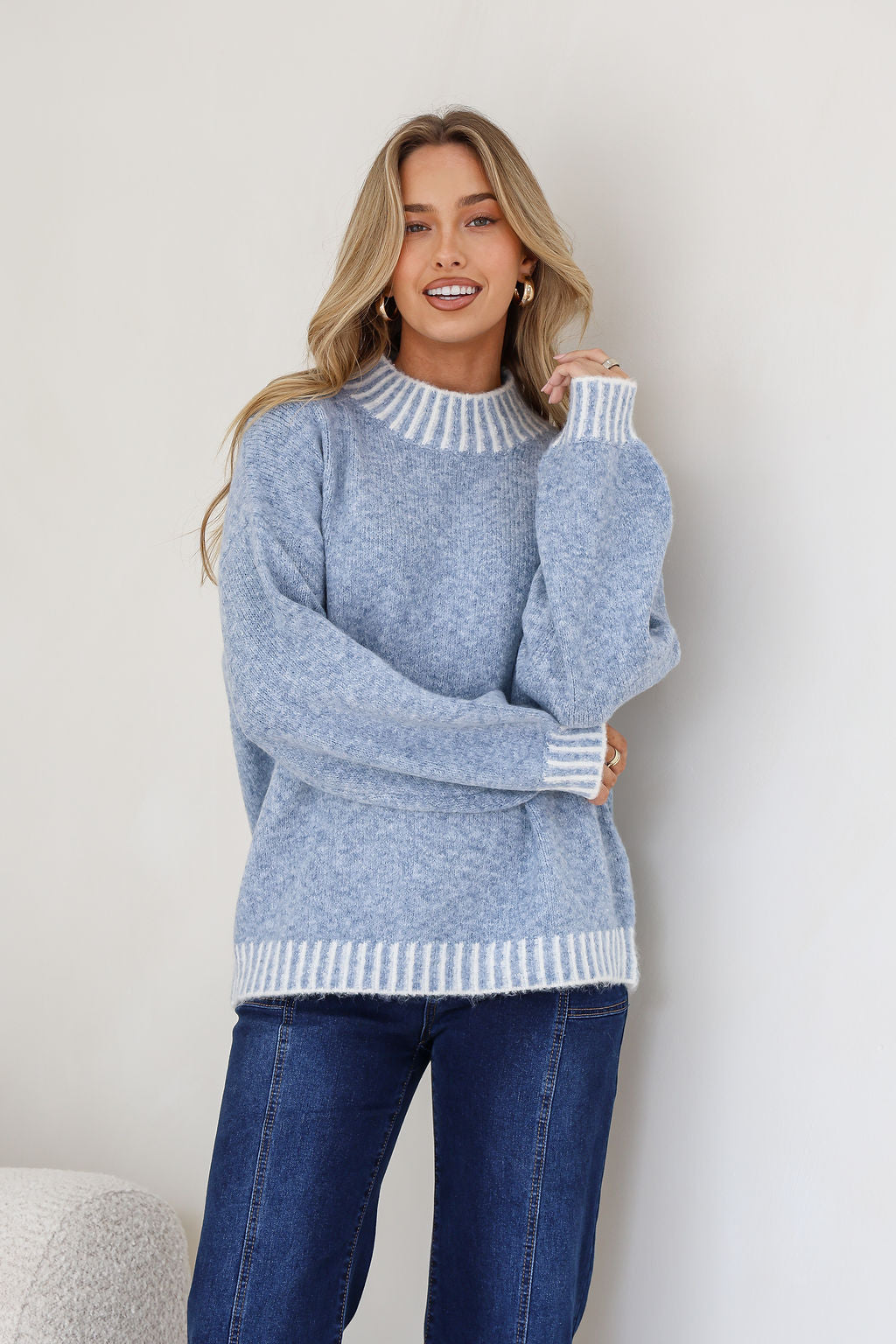 Tilly Contrast Blanket Stitch Knit Blue
