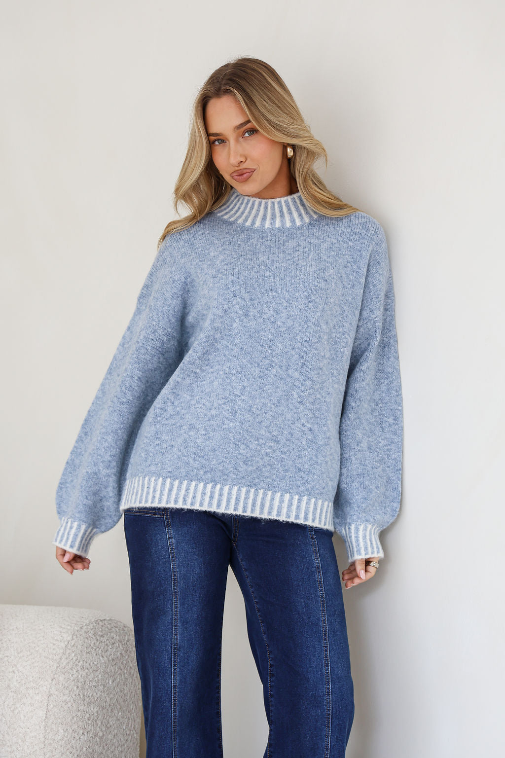 Tilly Contrast Blanket Stitch Knit Blue