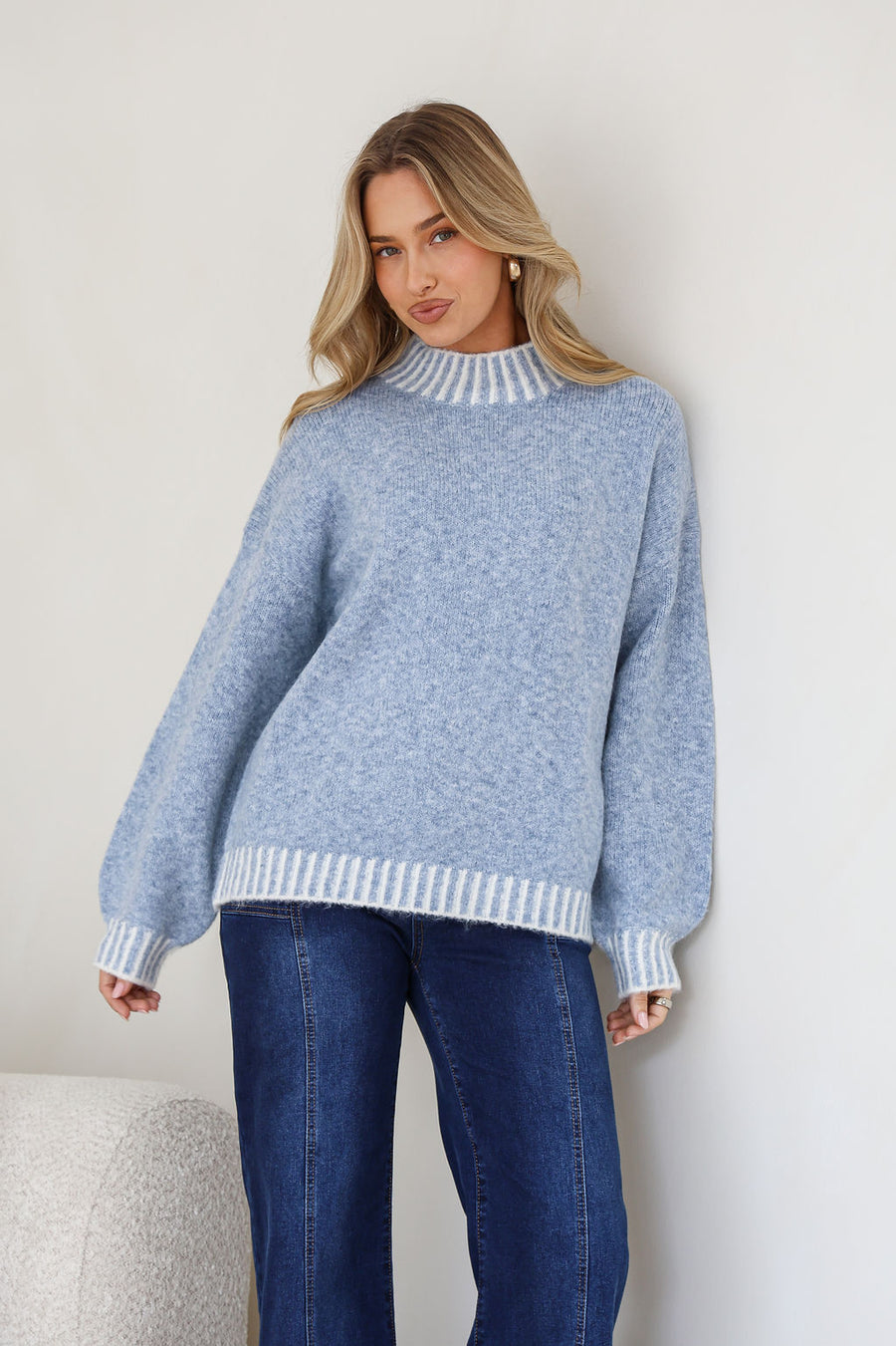 Tilly Contrast Blanket Stitch Knit Blue