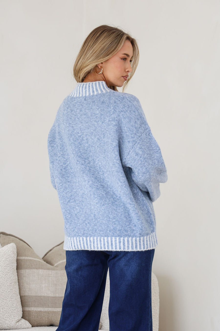 Tilly Contrast Blanket Stitch Knit Blue