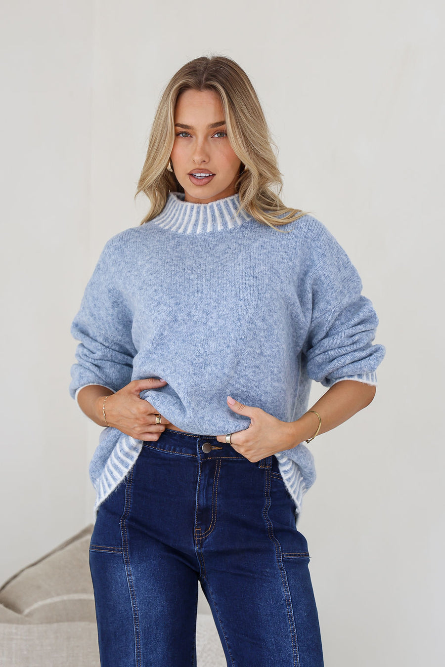Tilly Contrast Blanket Stitch Knit Blue