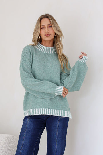 Tilly Contrast Blanket Stitch Knit Sage