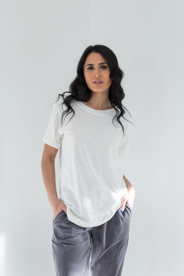 Basic Tee Off in White available at Mojo on Main now!